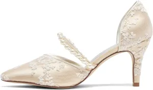 Emily Bridal A18353-49 Women's Wedding Shoes Pointed Toe 3.15 Inches Stiletto Heel Satin Pumps Pearl Flower Bridal Shoes