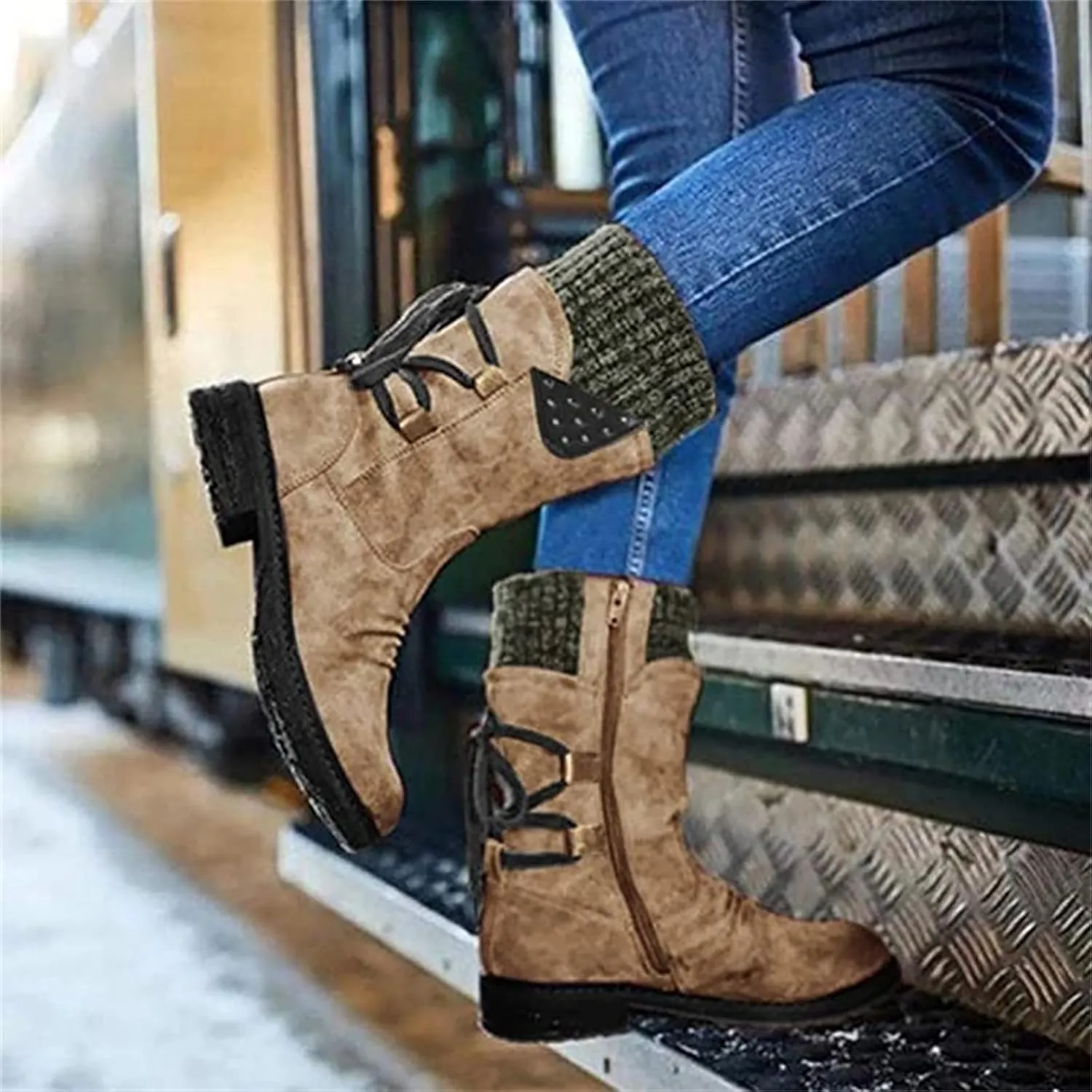 Fashion Slouchy Ruched Faux Suede Round Toe Slip On Flat Ankle Booties for Women Comfortable Snow Boots Casual Fall Winter Women's Mid Calf Boots Side Zip Short Boot