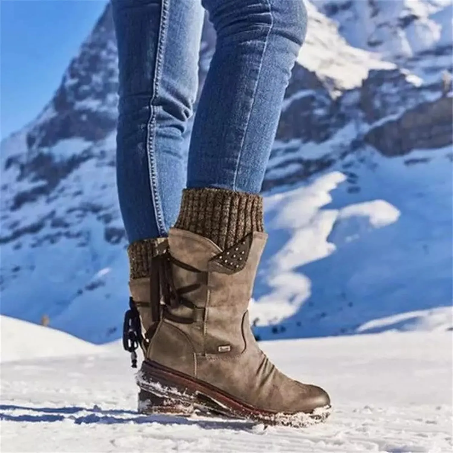 Fashion Slouchy Ruched Faux Suede Round Toe Slip On Flat Ankle Booties for Women Comfortable Snow Boots Casual Fall Winter Women's Mid Calf Boots Side Zip Short Boot