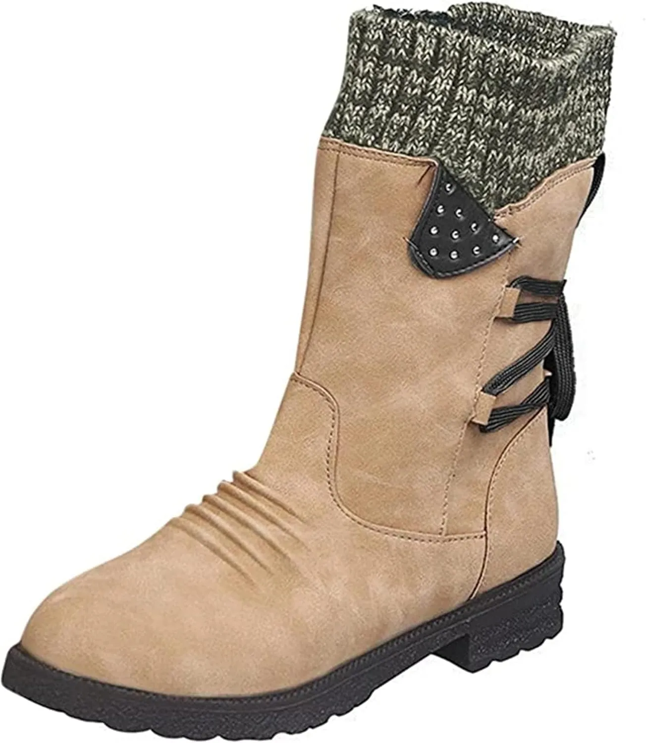 Fashion Slouchy Ruched Faux Suede Round Toe Slip On Flat Ankle Booties for Women Comfortable Snow Boots Casual Fall Winter Women's Mid Calf Boots Side Zip Short Boot