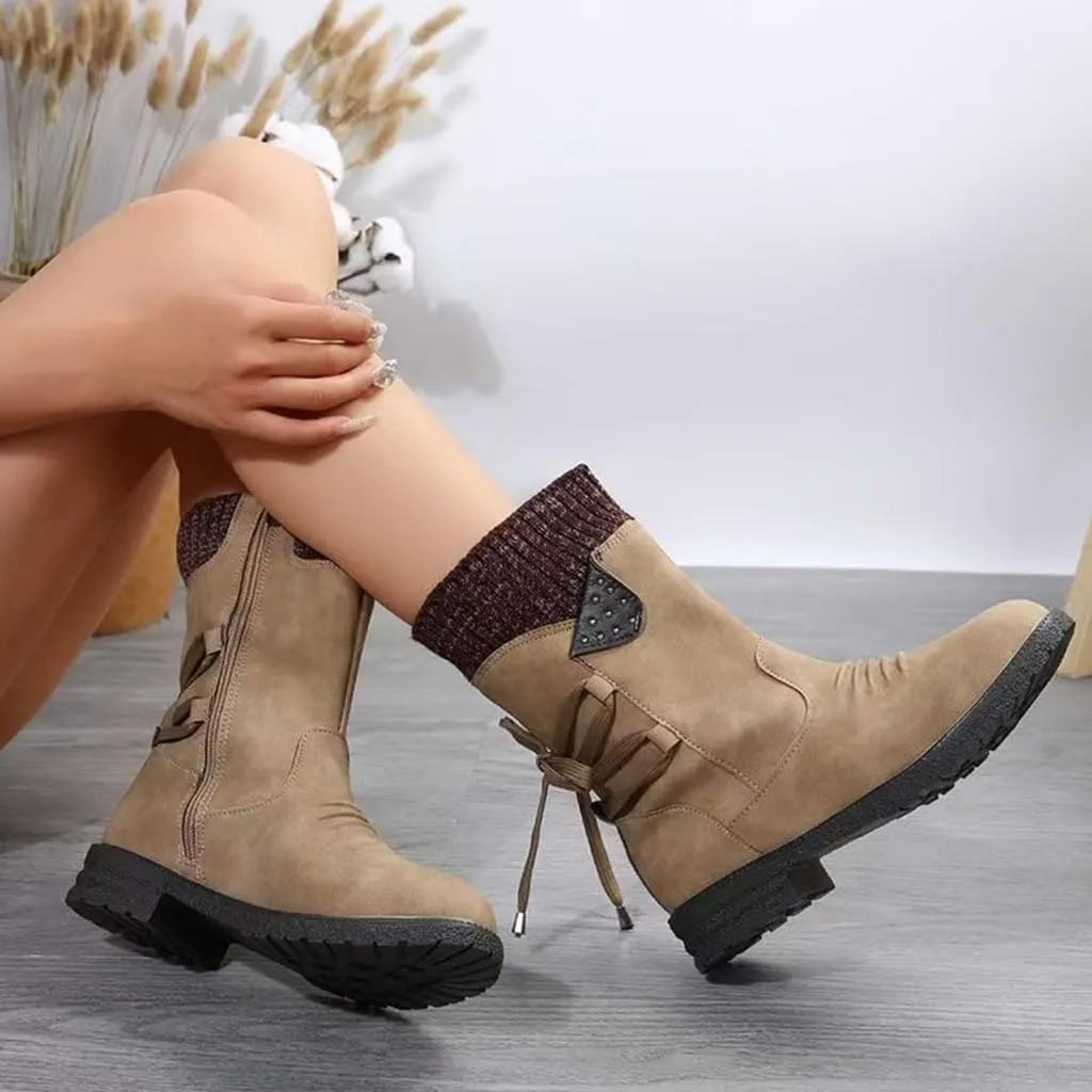 Fashion Slouchy Ruched Faux Suede Round Toe Slip On Flat Ankle Booties for Women Comfortable Snow Boots Casual Fall Winter Women's Mid Calf Boots Side Zip Short Boot