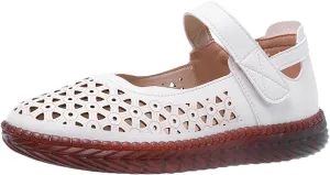 Fashion Summer Women Casual Shoes Flat Soft Bottom Hollow Breathable Hook Loop Womens Casual Wide Width Flat Shoes (Beige, 7)
