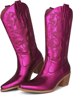 femflame Cowboy Boots For Women,Pointed Toe Embroidered Mid Calf Cowgirl Boots Pull On Zipper Chunky Heel Western Boots