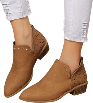 Gibobby Ankle Boot for Women Low Heel Womens Cowboy Boots Pointed Toe Faux Stacked Chunky Heels V Cut Zipper Booties