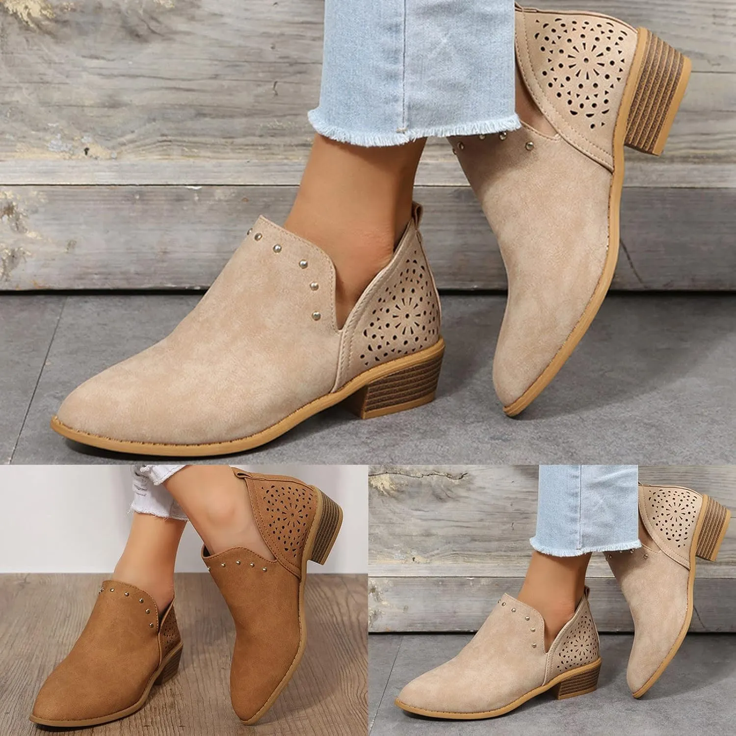 Gibobby Ankle Boot for Women Low Heel Womens Cowboy Boots Pointed Toe Faux Stacked Chunky Heels V Cut Zipper Booties