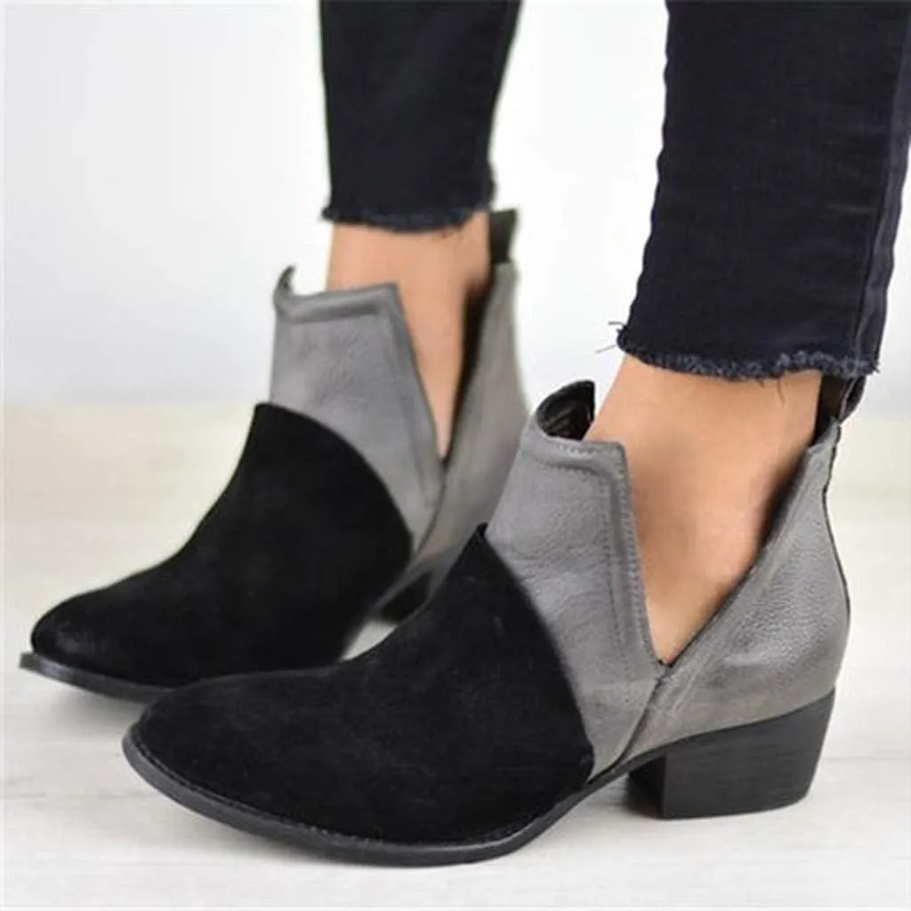 Gibobby Ankle Booties for Women V Cut,Chelsea Boots Slip on Ankle Boots Chunky Pointed Toe Cutout Low Heel Shoes