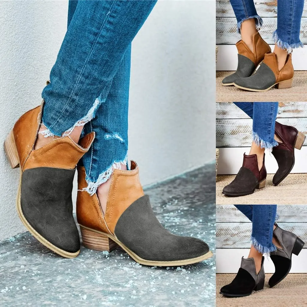 Gibobby Ankle Booties for Women V Cut,Chelsea Boots Slip on Ankle Boots Chunky Pointed Toe Cutout Low Heel Shoes