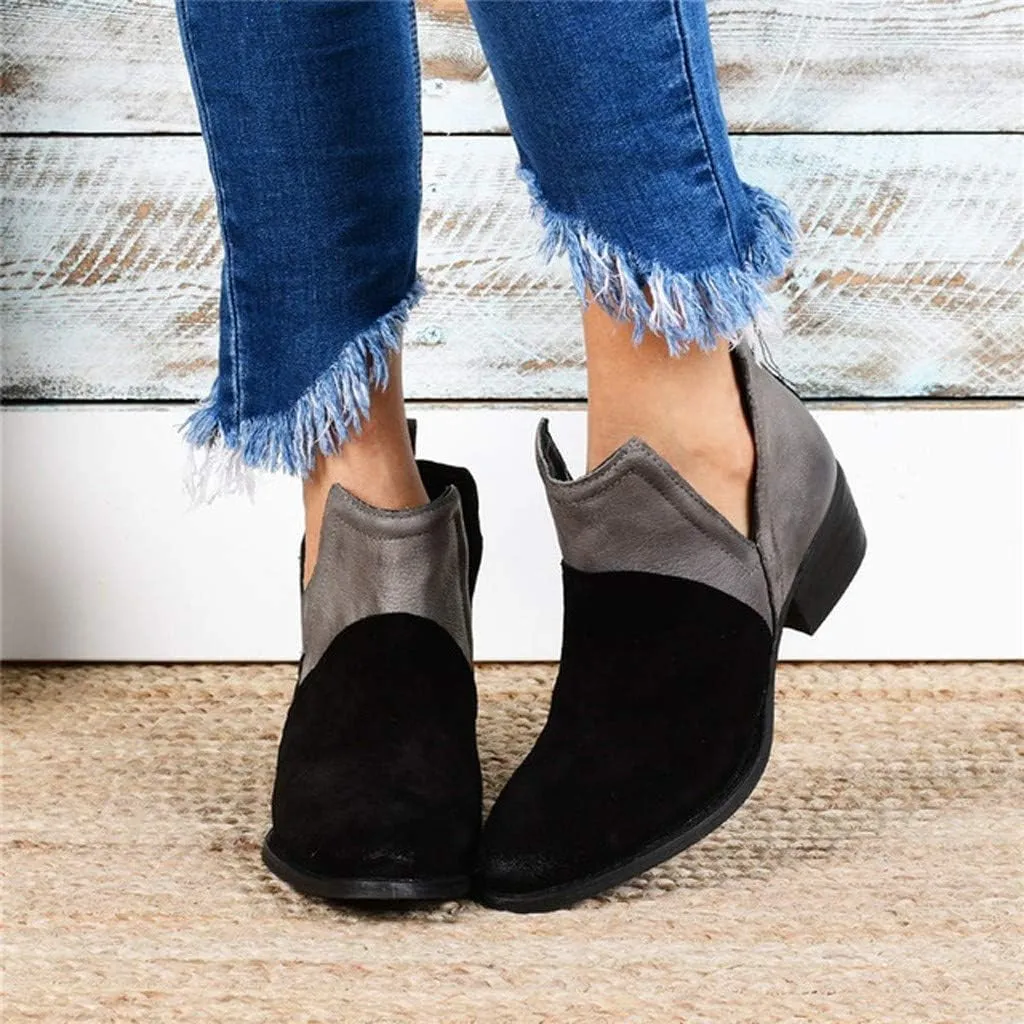 Gibobby Ankle Booties for Women V Cut,Chelsea Boots Slip on Ankle Boots Chunky Pointed Toe Cutout Low Heel Shoes