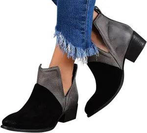 Gibobby Ankle Booties for Women V Cut,Chelsea Boots Slip on Ankle Boots Chunky Pointed Toe Cutout Low Heel Shoes