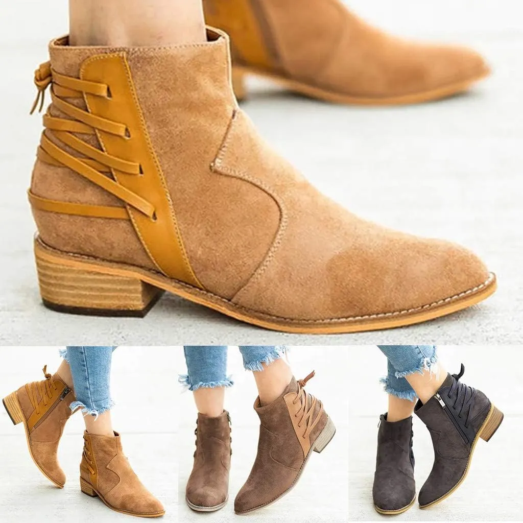 Gibobby Ankle Boots for Women Low Heel,Ankle Booties Round Toe Faux Stacked Chunky Heel Side Lace Up Short Winter Booties
