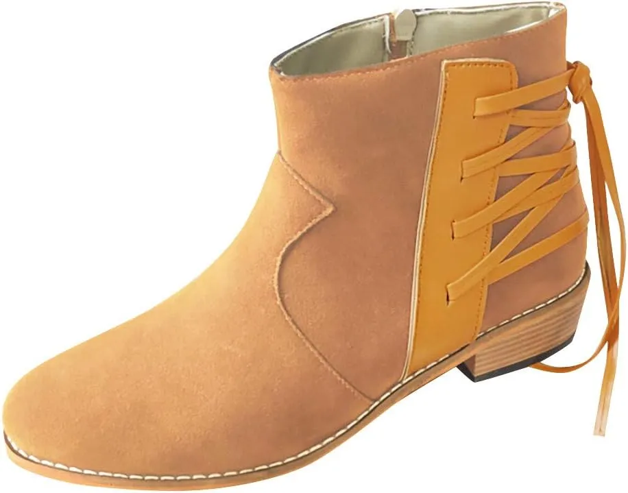 Gibobby Ankle Boots for Women Low Heel,Ankle Booties Round Toe Faux Stacked Chunky Heel Side Lace Up Short Winter Booties
