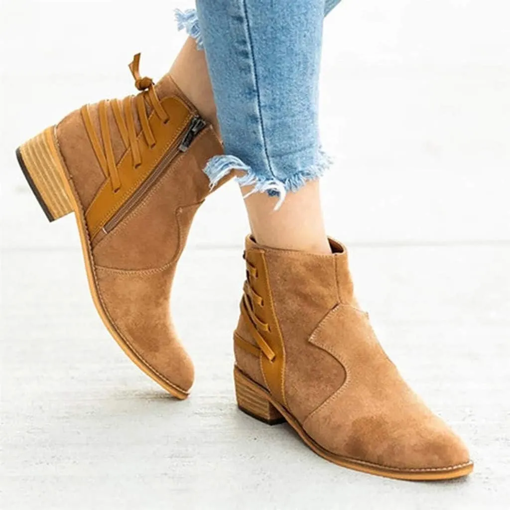 Gibobby Ankle Boots for Women Low Heel,Ankle Booties Round Toe Faux Stacked Chunky Heel Side Lace Up Short Winter Booties