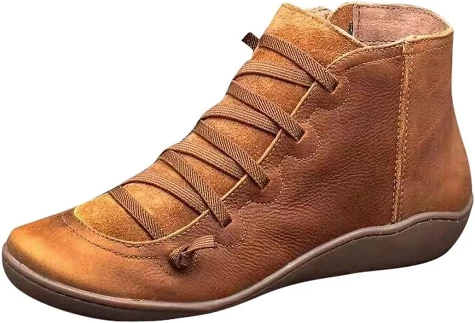 Gibobby Boots for Women Dressy Winter Casual Leather Side Zipper Round Toe Cowboy Booties Fall Flat Short Shoes Boots