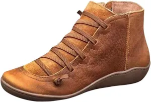 Gibobby Boots for Women Dressy Winter Casual Leather Side Zipper Round Toe Cowboy Booties Fall Flat Short Shoes Boots
