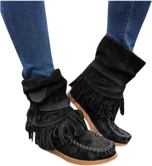 Gibobby Boots for Womens Mid Knee High Boots Platform Heel Fringe Side Zipper Fashion Winter Shoes Cowboy Booties