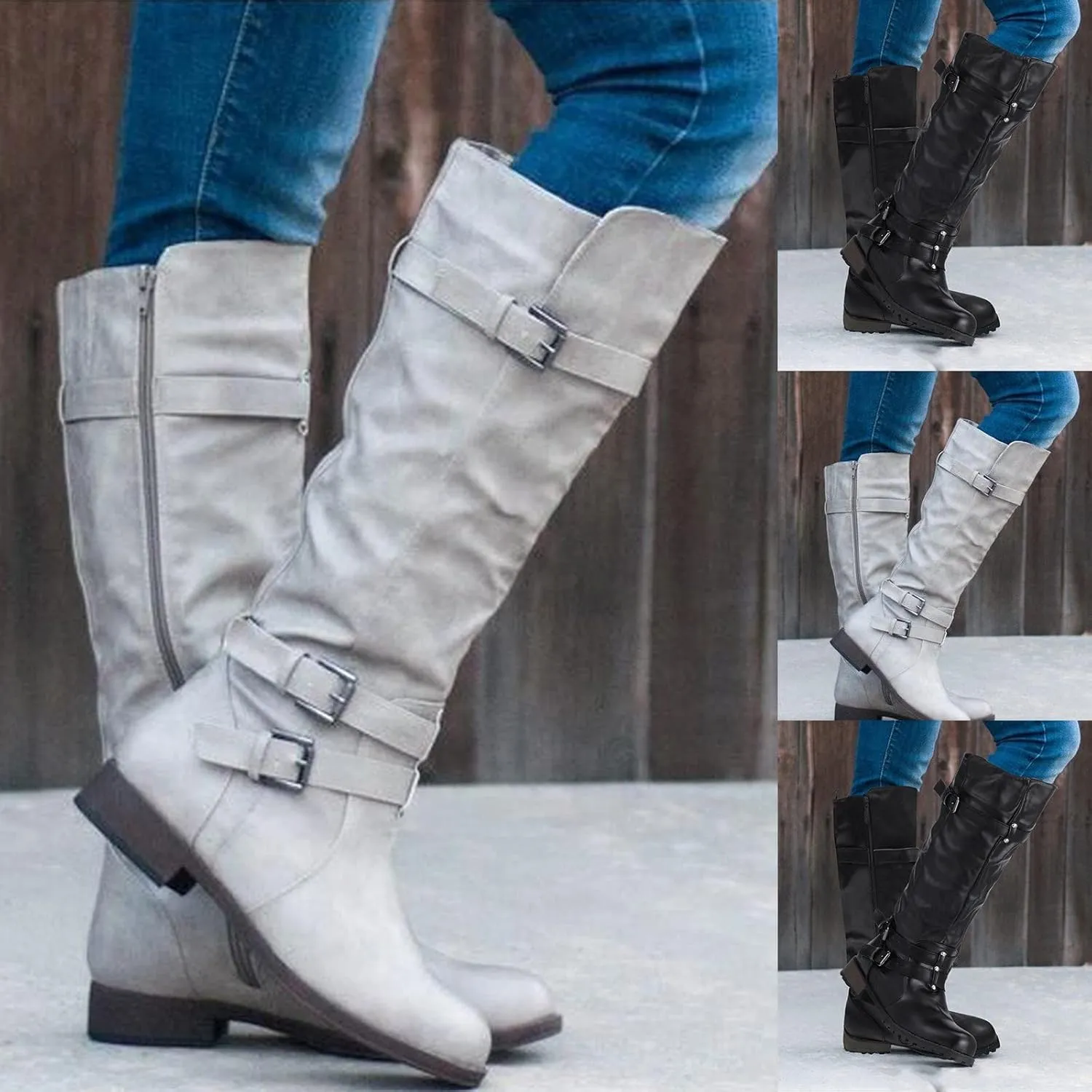 Gibobby Winter Boots for Women,Women's Knee Length Boots Retro Combat Knight Boots Closed Toe Motorcycle Low Heel Outdoor Waterproof Western Shoes