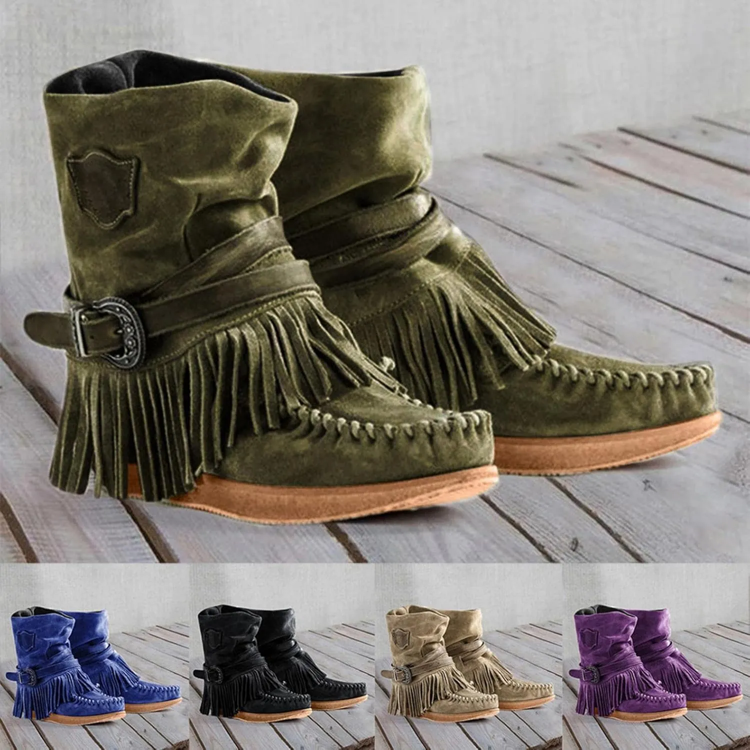 Gibobby Women Boots Mid Knee High Boots Platform Heel Fringe Side Zipper Fashion Winter Shoes Cowboy Booties
