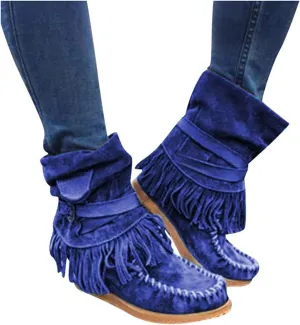 Gibobby Women Boots Mid Knee High Boots Platform Heel Fringe Side Zipper Fashion Winter Shoes Cowboy Booties