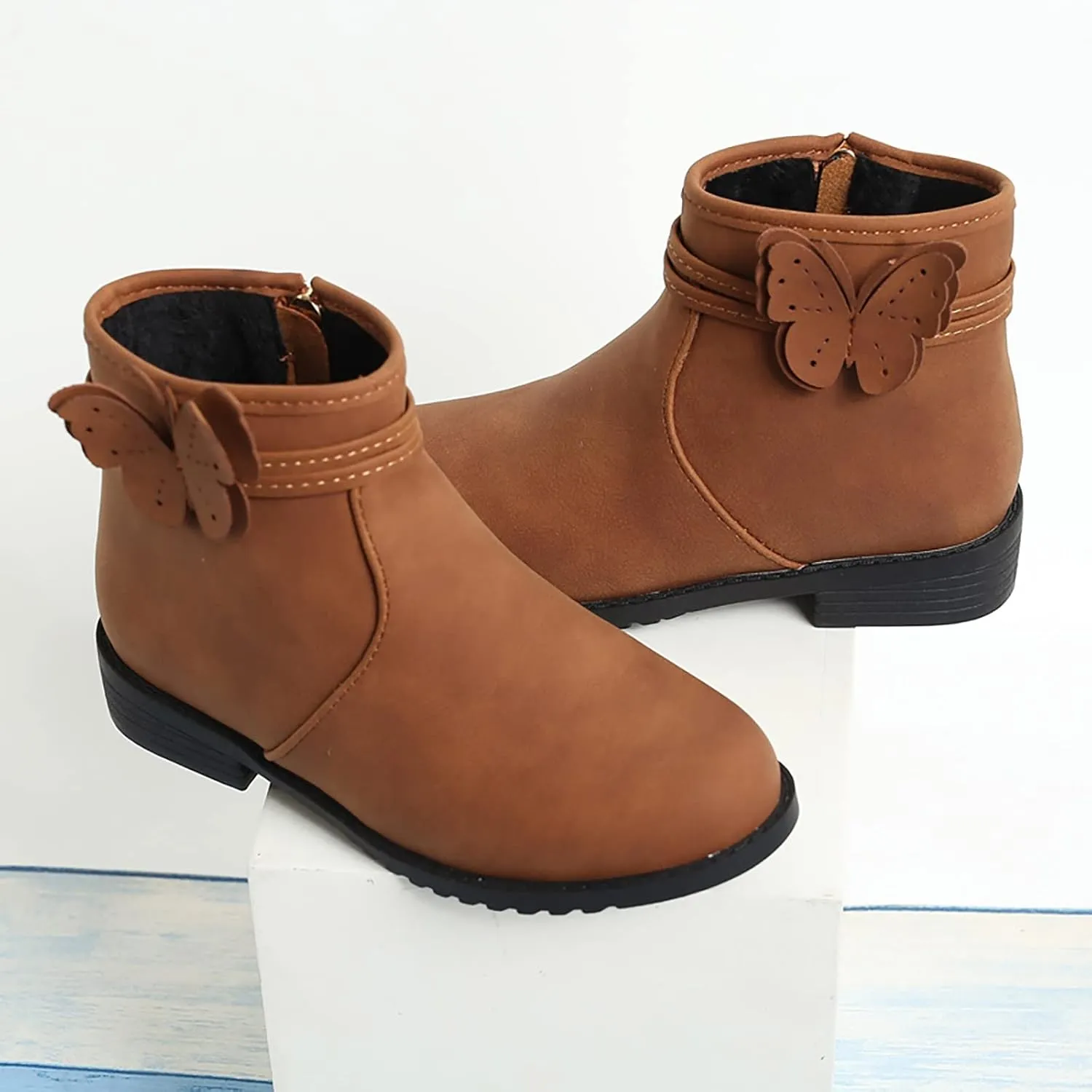 Girl Boots Girls Butterfly Decor Zip Side Boots Western Boots Kids Ankle Boots Girls Low Heel High Top Ankle Boots