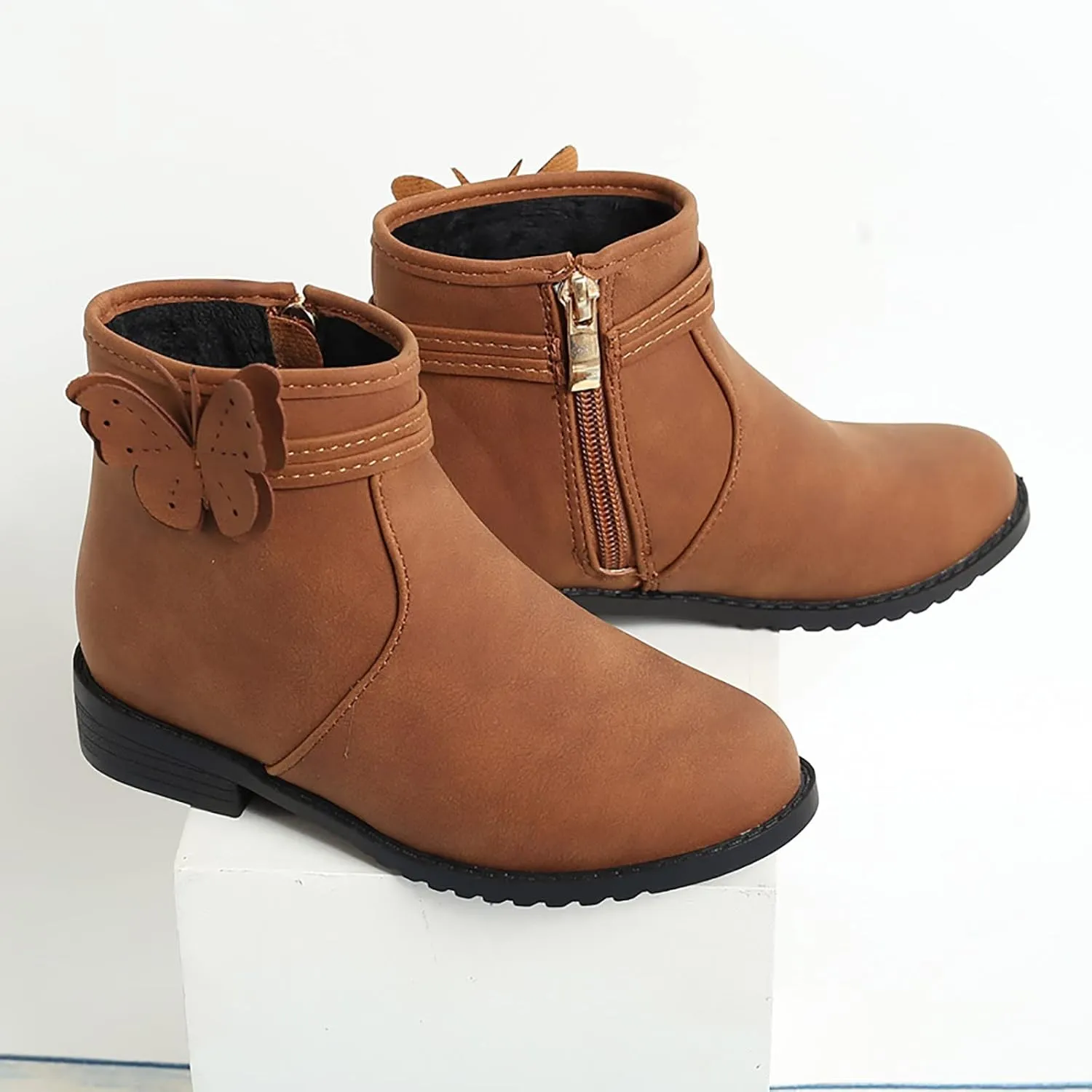 Girl Boots Girls Butterfly Decor Zip Side Boots Western Boots Kids Ankle Boots Girls Low Heel High Top Ankle Boots