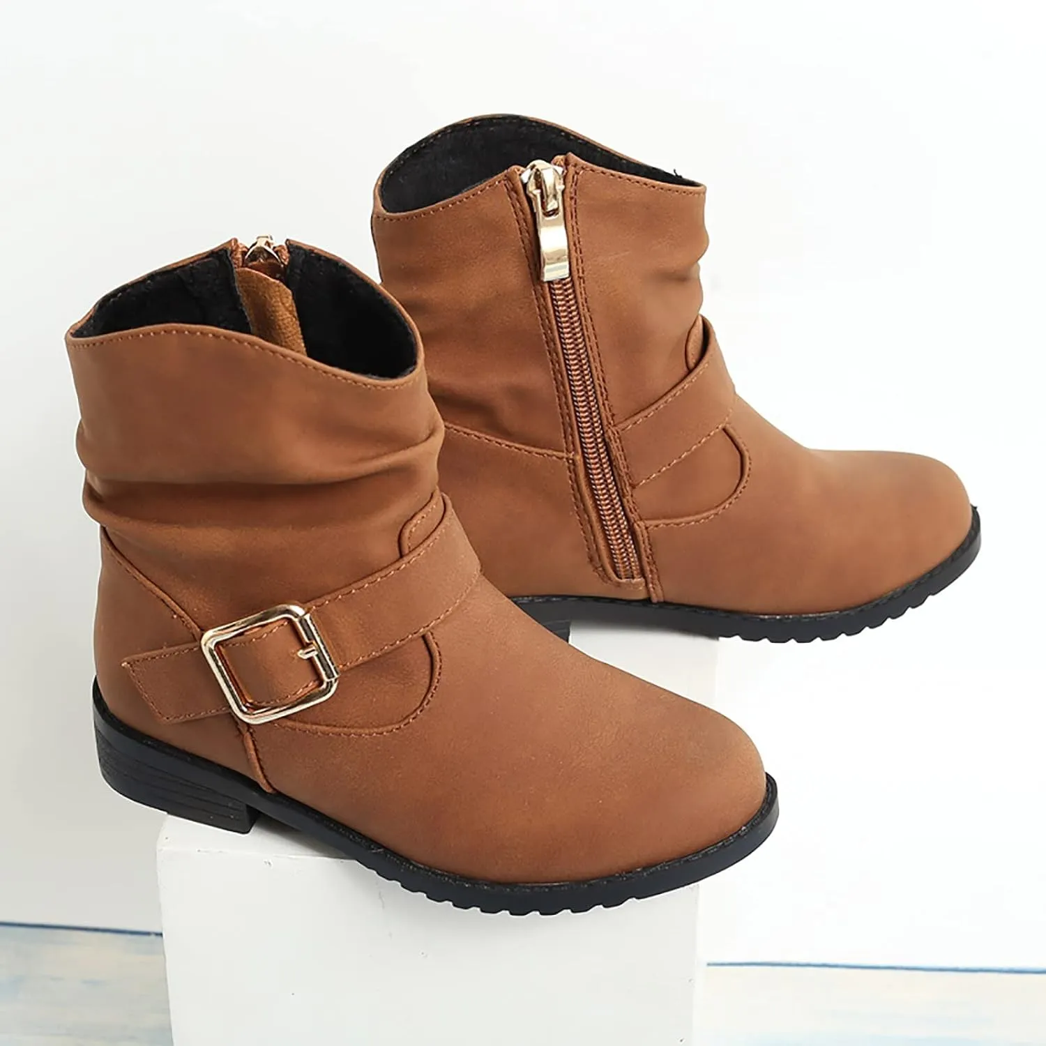 Girls Ankle Boots Girls Buckle Decor Boots Western Boots Kids Ankle Boots Girls Low Heel Riding Outdoor Hiking Shoes