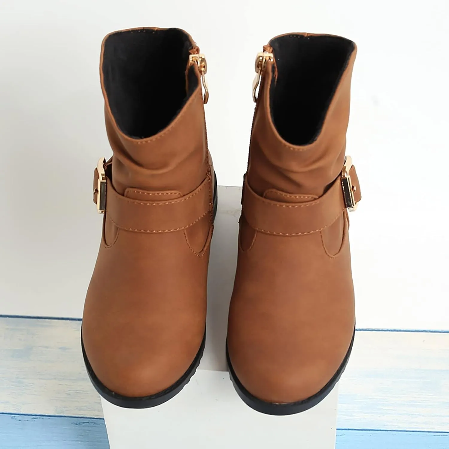 Girls Ankle Boots Girls Buckle Decor Boots Western Boots Kids Ankle Boots Girls Low Heel Riding Outdoor Hiking Shoes