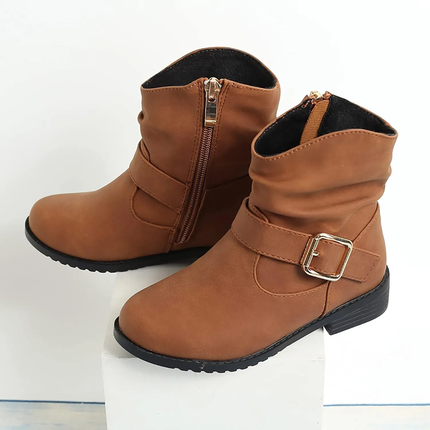 Girls Ankle Boots Girls Buckle Decor Boots Western Boots Kids Ankle Boots Girls Low Heel Riding Outdoor Hiking Shoes