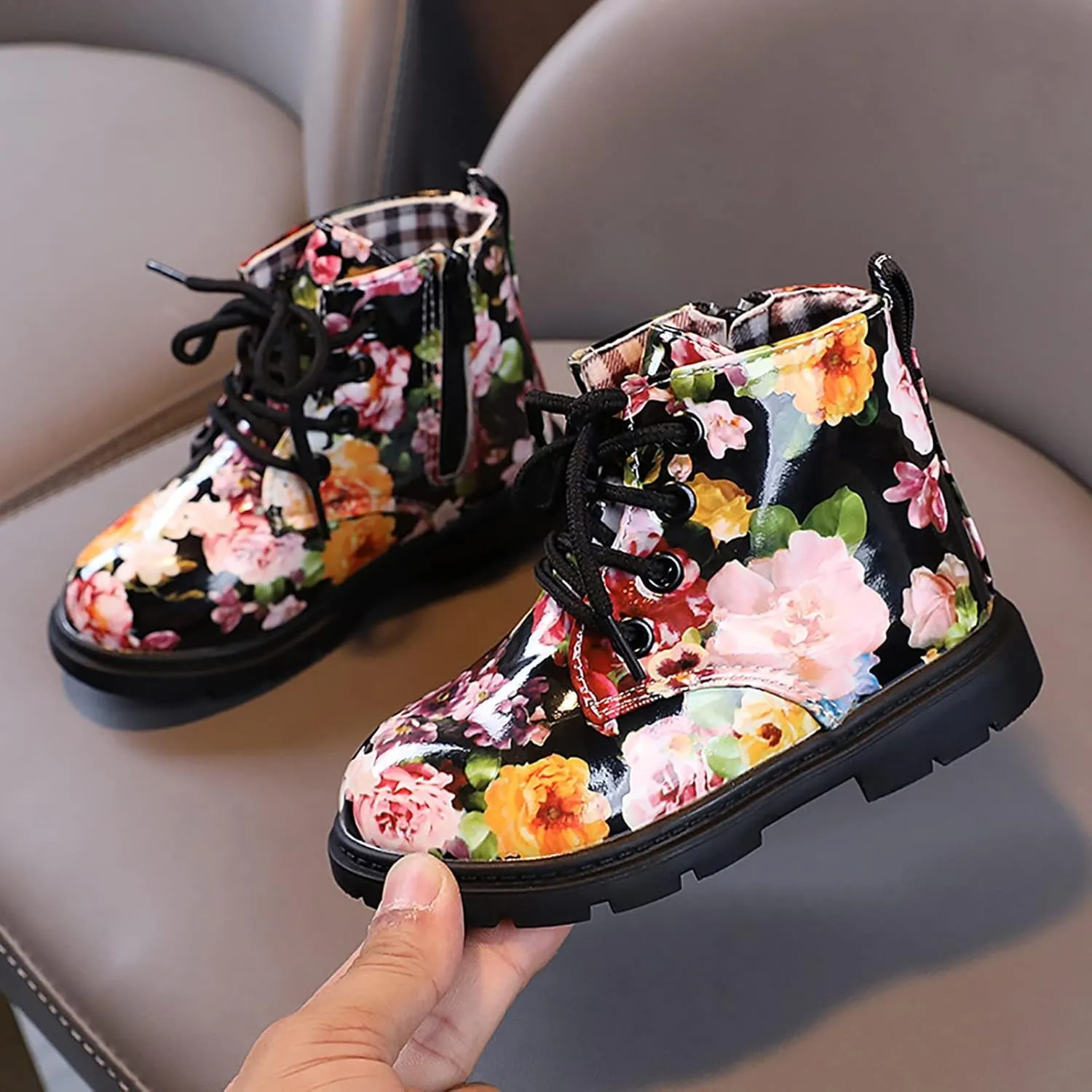 Girls Boots Ankle Boots Toddler Boots Boys And Girls Waterpoor Ankle Boots Side Zipper Booties Floral Print Round Toe