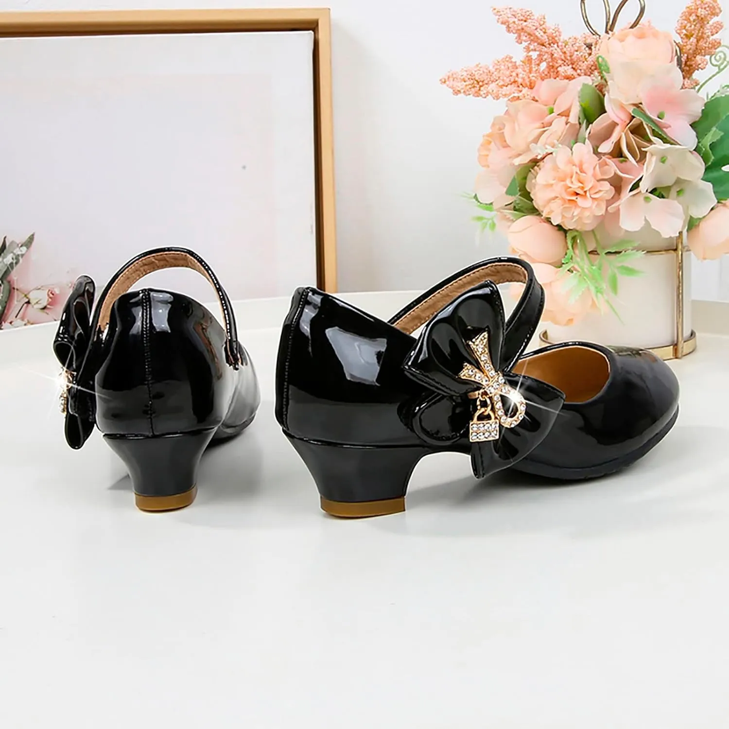 Girls Dress Shoes Pumps Mary Jane Shoes for Girls Low Heel with Bow Strap Dress Shoes for School Wedding Party