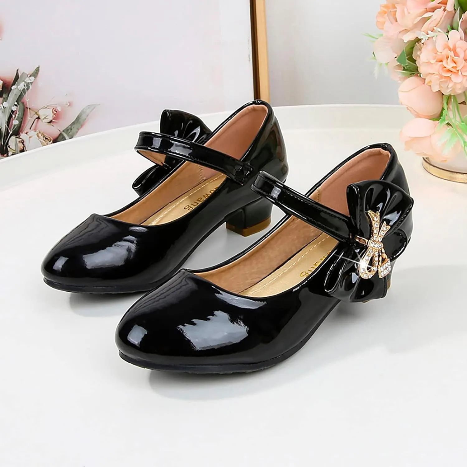 Girls Dress Shoes Pumps Mary Jane Shoes for Girls Low Heel with Bow Strap Dress Shoes for School Wedding Party