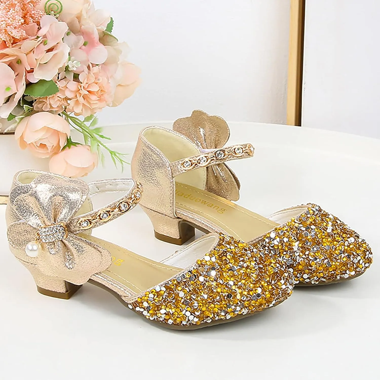 Girls Mary Jane Dress Shoes Rhinestones Bows Flower Girl Wedding Low Heels Pump Shoes Toddler Dress Shoes for Kids