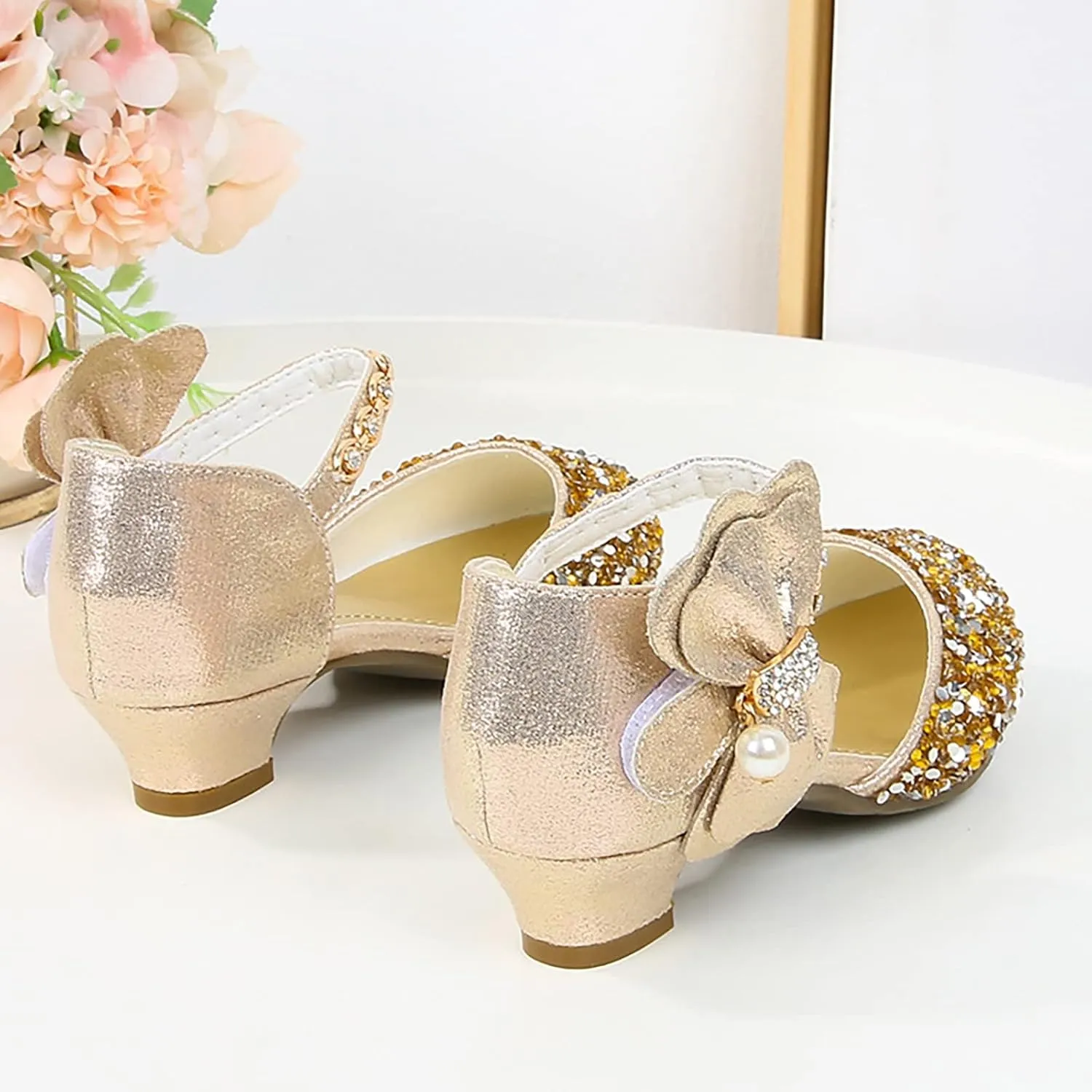 Girls Mary Jane Dress Shoes Rhinestones Bows Flower Girl Wedding Low Heels Pump Shoes Toddler Dress Shoes for Kids