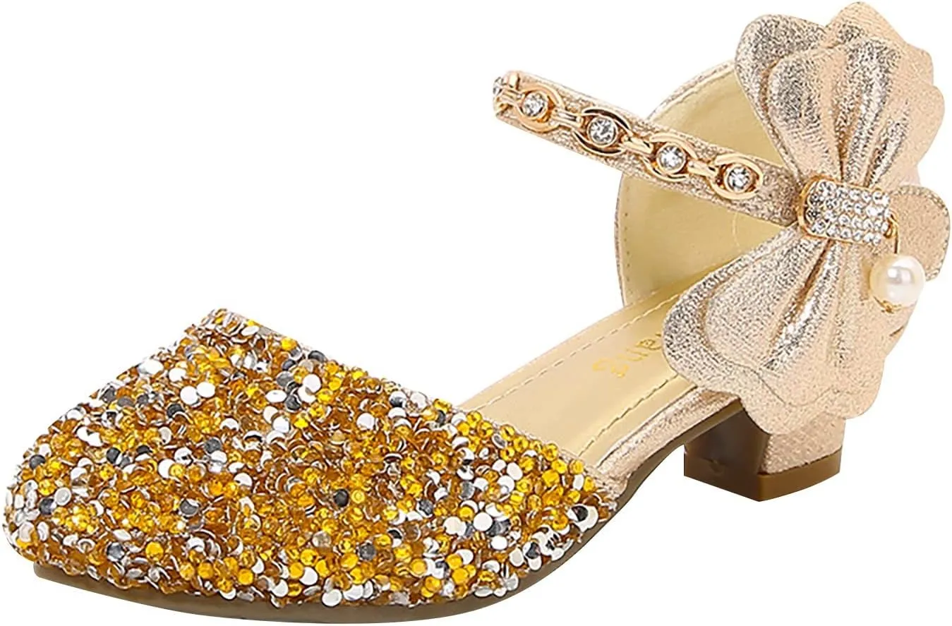 Girls Mary Jane Dress Shoes Rhinestones Bows Flower Girl Wedding Low Heels Pump Shoes Toddler Dress Shoes for Kids