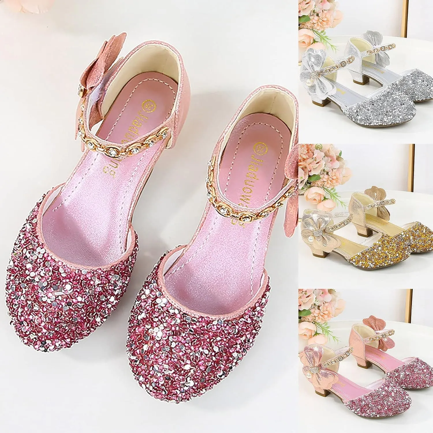 Girls Mary Jane Dress Shoes Rhinestones Bows Flower Girl Wedding Low Heels Pump Shoes Toddler Sandals Kids