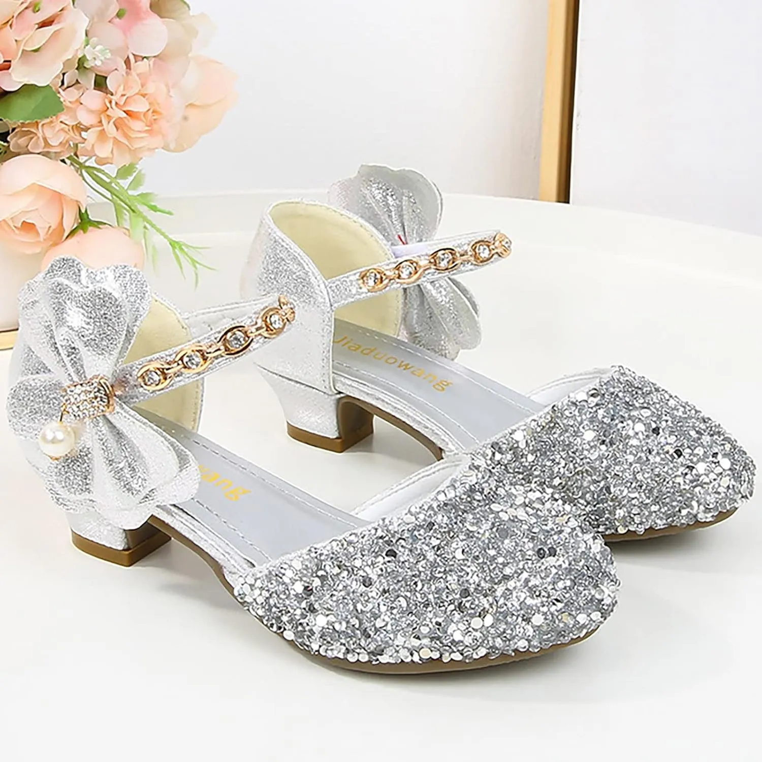 Girls Mary Jane Dress Shoes Rhinestones Bows Flower Girl Wedding Low Heels Pump Shoes Toddler Sandals Kids