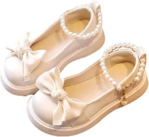 Girls Mary Jane Shoes with Pearls Bow Toddler Dress Shoes Flower Girl Shoes for School Party Wedding Shoes