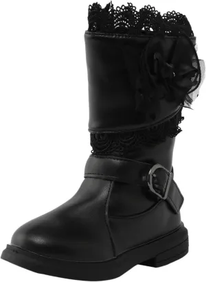Girls Mid Calf Riding Boots Waterproof Side Zipper Long Boots Lace Bowknot Dress Boots Winter Warm Snow Boots