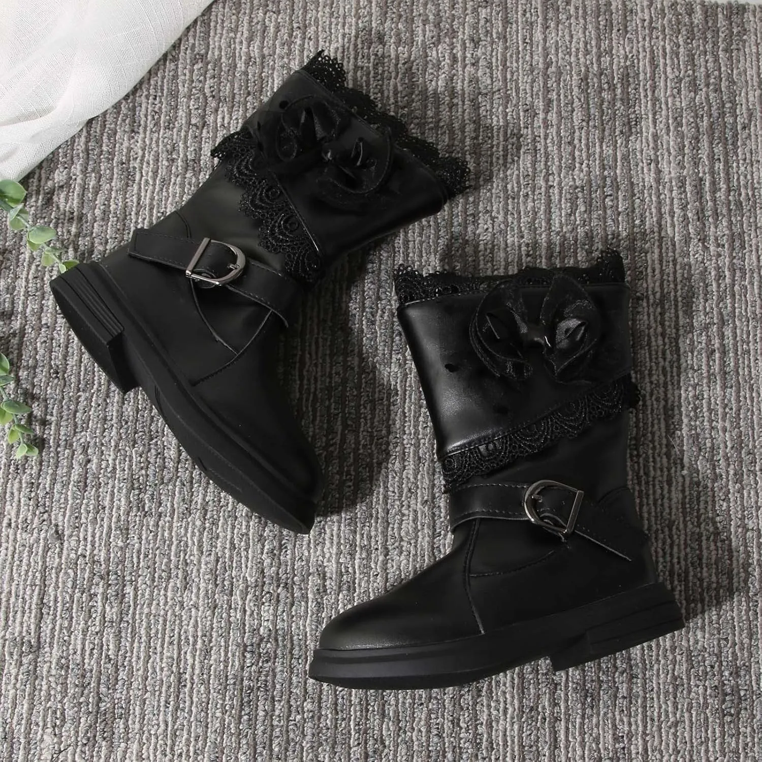 Girls Mid Calf Riding Boots Waterproof Side Zipper Long Boots Lace Bowknot Dress Boots Winter Warm Snow Boots