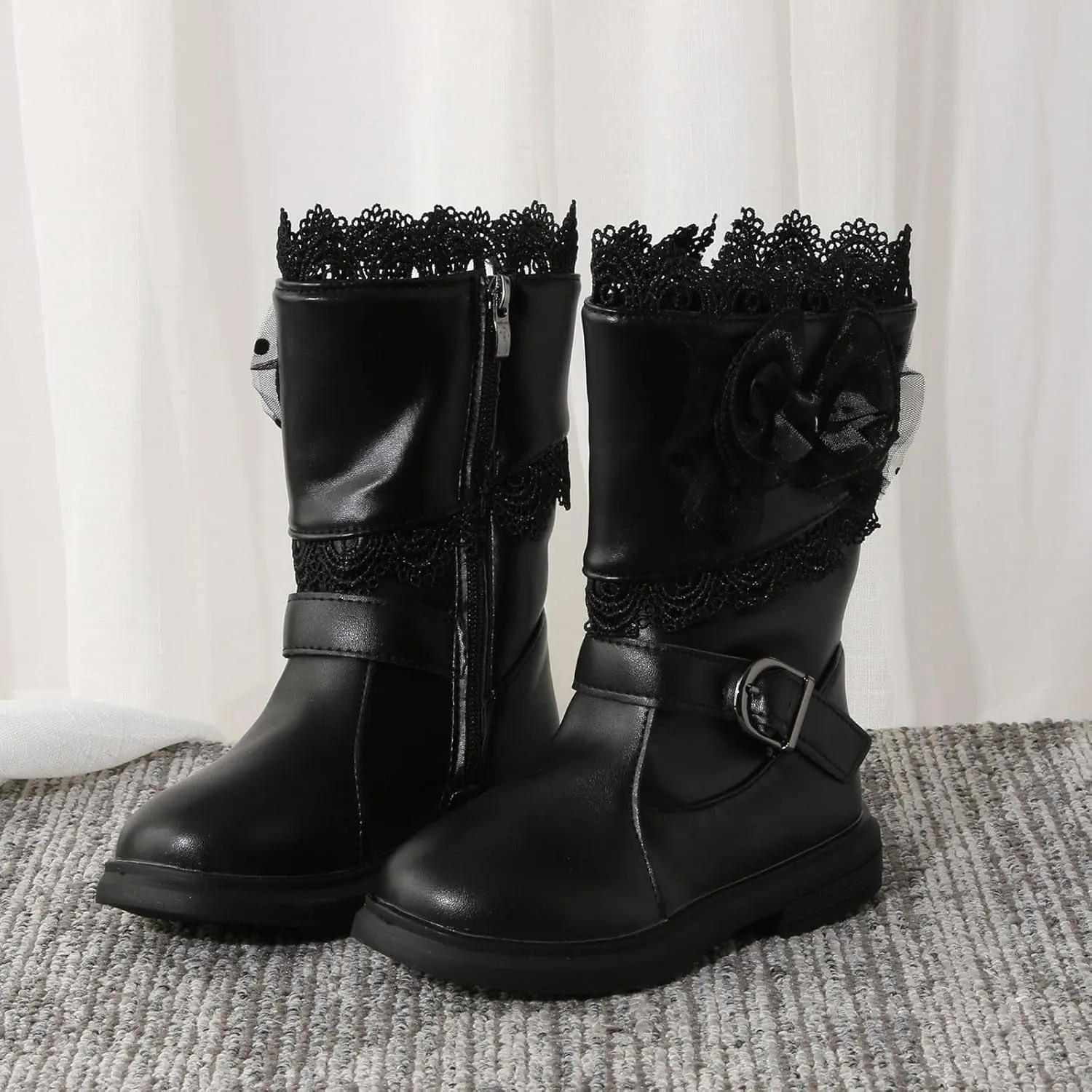 Girls Mid Calf Riding Boots Waterproof Side Zipper Long Boots Lace Bowknot Dress Boots Winter Warm Snow Boots