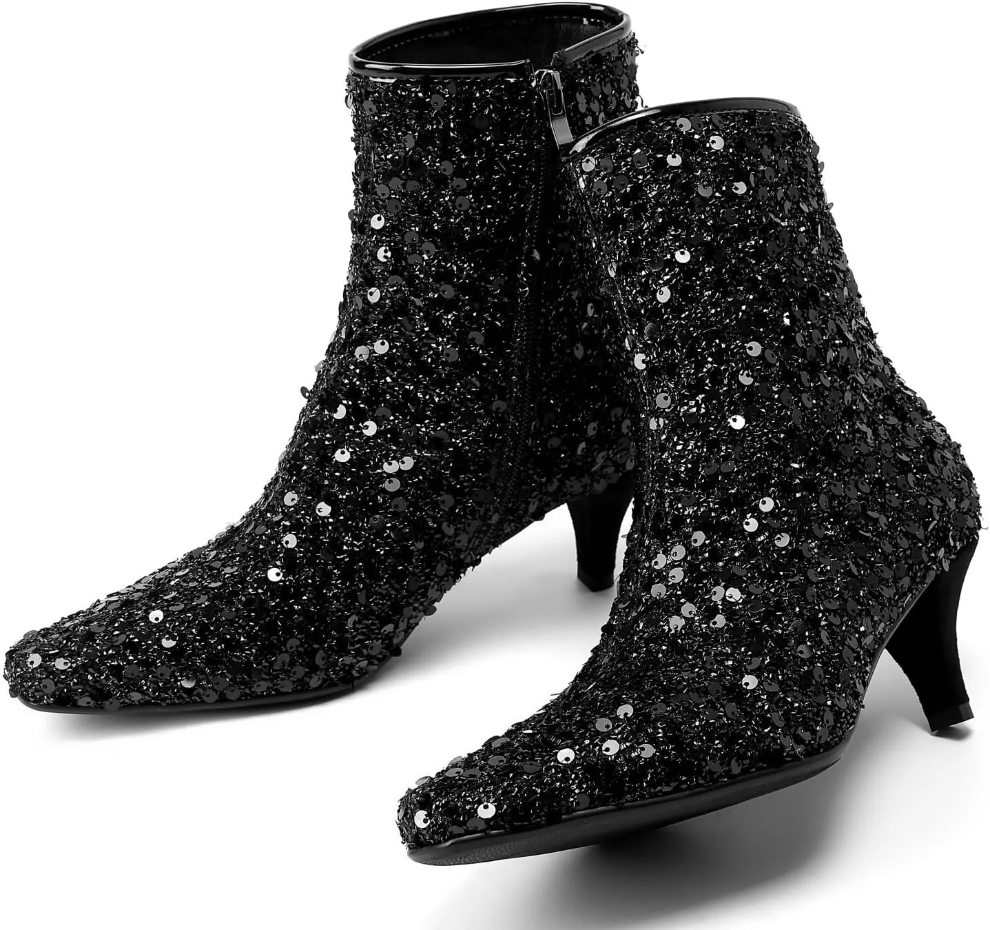 GOSERCE Sparkly Black Ankle Boots for Women Low Heel Kitten Heels Sequins Pointed Toe Bling Fashion Womens Booties Zipper Sexy Short Glitter Boot Ladies Shoes Wedding Party Dance