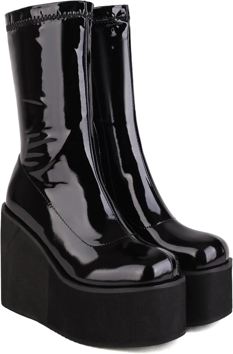 Goth GoGo Boots Mid Calf Platform Boots Patent Wedge Combat Boots Round Toe Side Zipper Punk Motorcycle Boots Rave Ankle Boots Prom Walking Dress Wedding Shoes