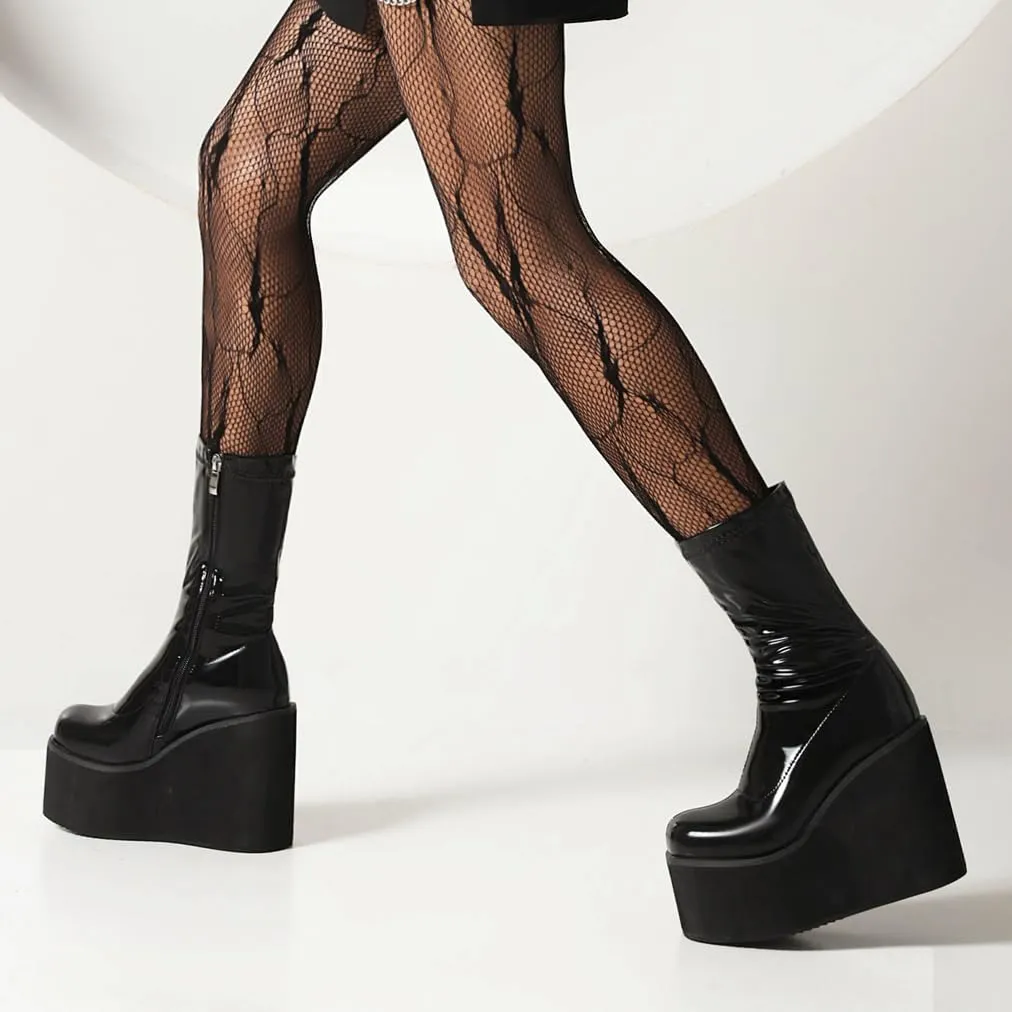 Goth GoGo Boots Mid Calf Platform Boots Patent Wedge Combat Boots Round Toe Side Zipper Punk Motorcycle Boots Rave Ankle Boots Prom Walking Dress Wedding Shoes