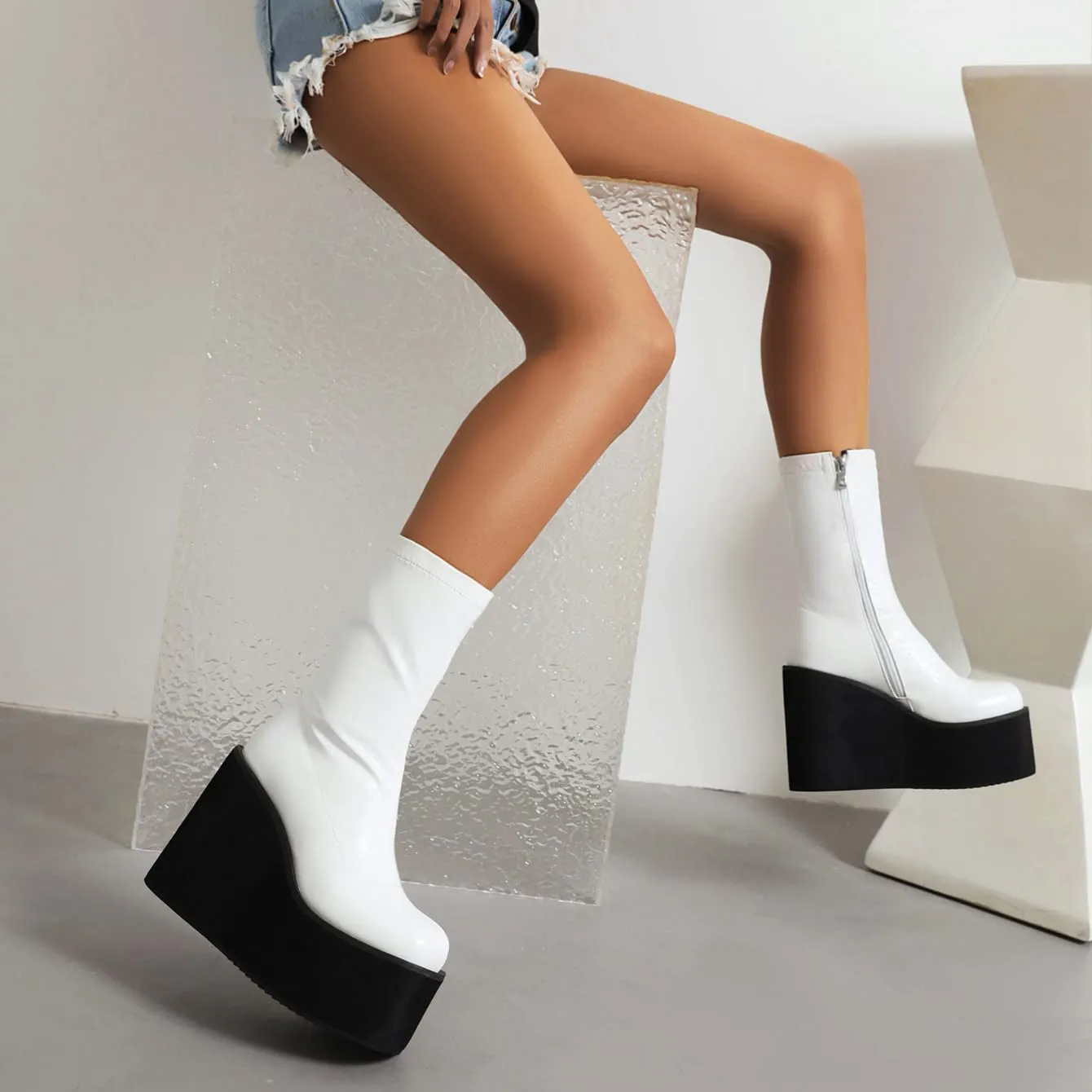 Goth GoGo Boots Mid Calf Platform Boots Patent Wedge Combat Boots Round Toe Side Zipper Punk Motorcycle Boots Rave Ankle Boots Prom Walking Dress Wedding Shoes
