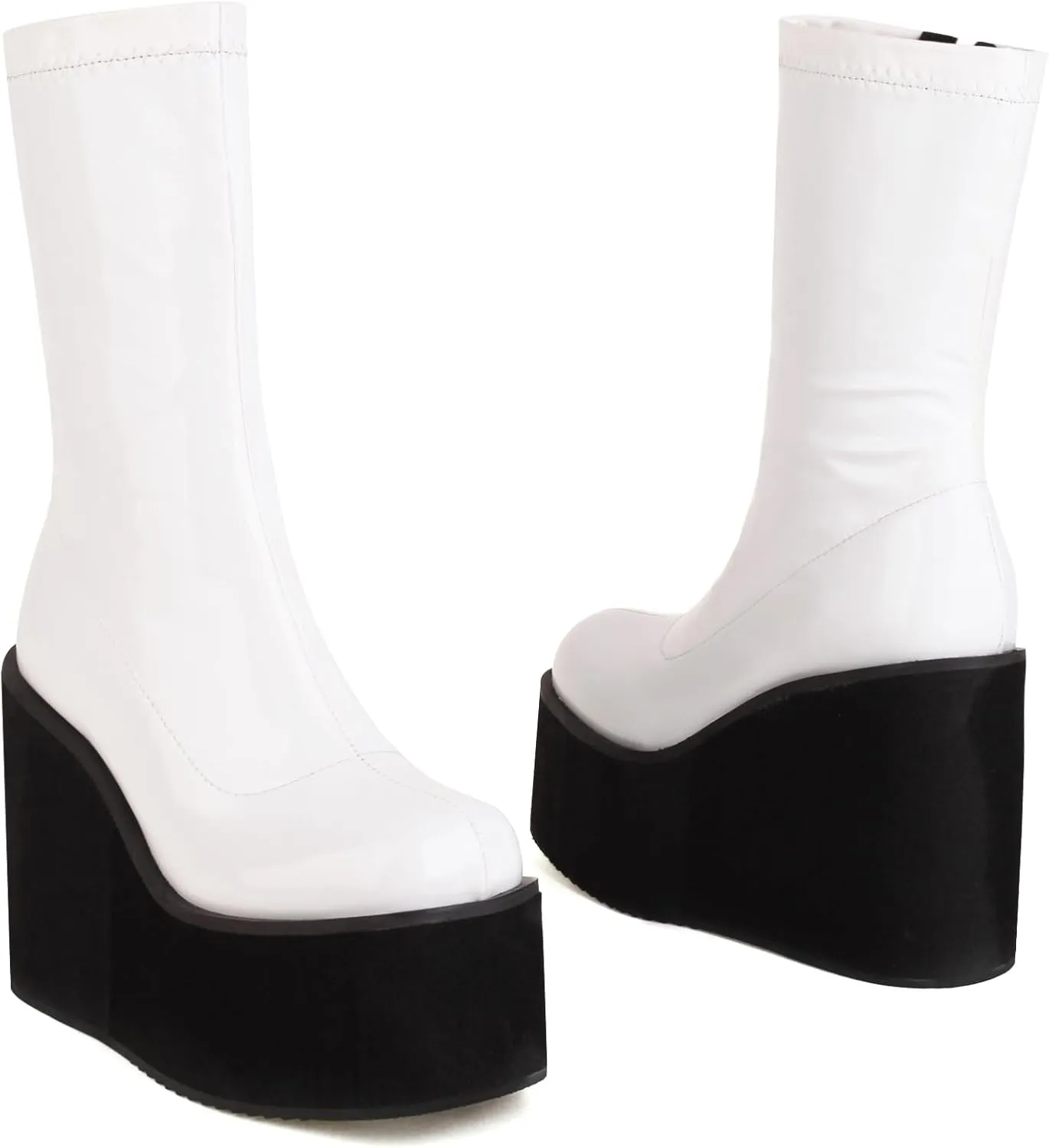 Goth GoGo Boots Mid Calf Platform Boots Patent Wedge Combat Boots Round Toe Side Zipper Punk Motorcycle Boots Rave Ankle Boots Prom Walking Dress Wedding Shoes