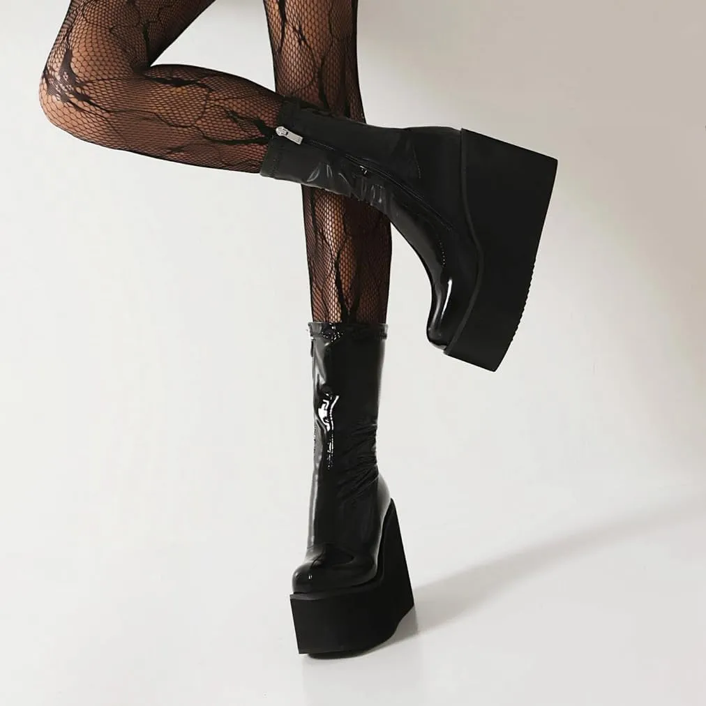 Goth GoGo Boots Mid Calf Platform Boots Patent Wedge Combat Boots Round Toe Side Zipper Punk Motorcycle Boots Rave Ankle Boots Prom Walking Dress Wedding Shoes