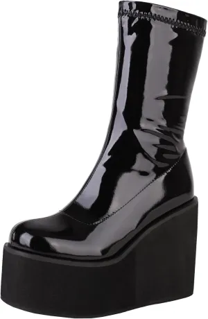Goth GoGo Boots Mid Calf Platform Boots Patent Wedge Combat Boots Round Toe Side Zipper Punk Motorcycle Boots Rave Ankle Boots Prom Walking Dress Wedding Shoes