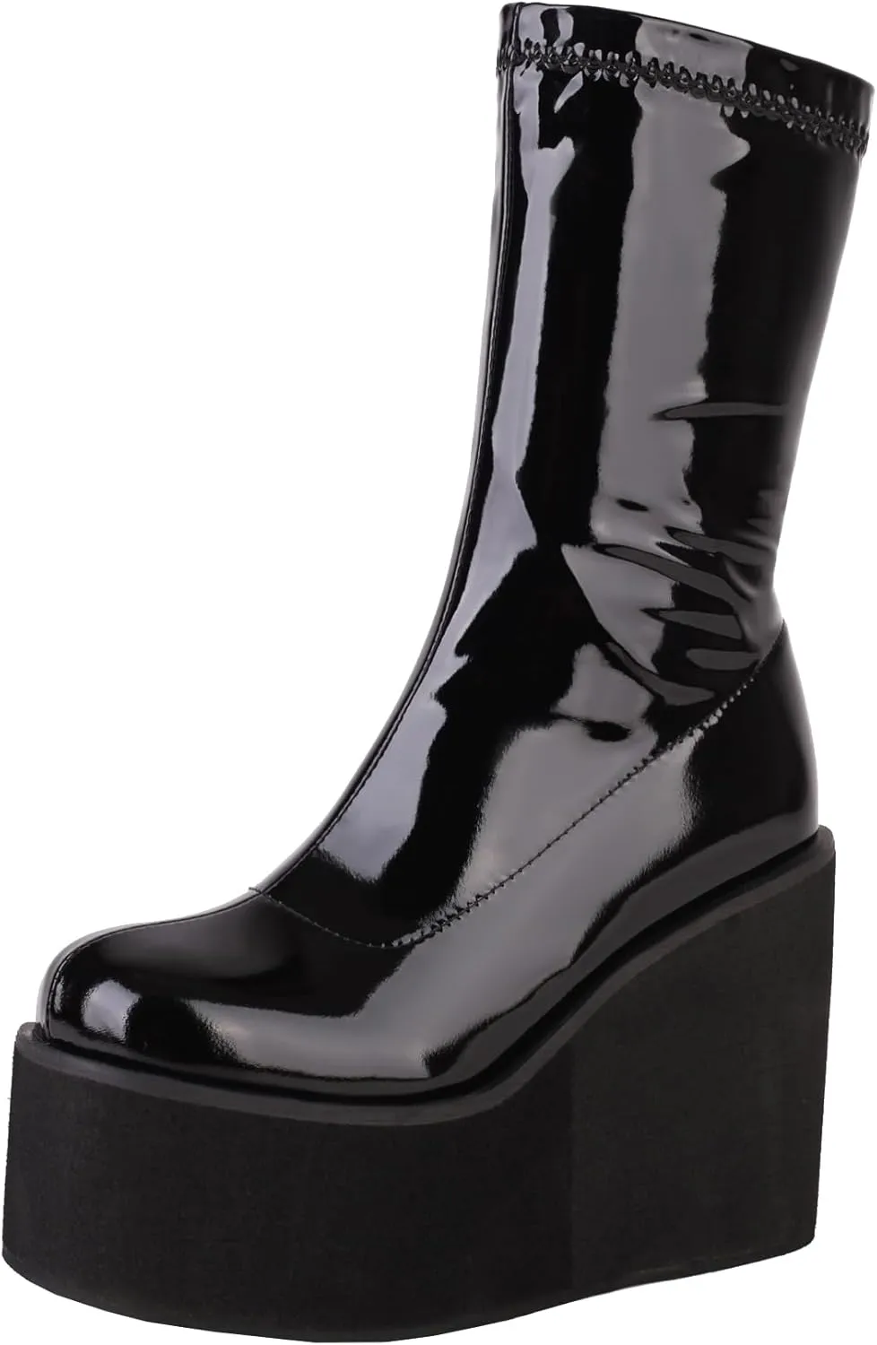 Goth GoGo Boots Mid Calf Platform Boots Patent Wedge Combat Boots Round Toe Side Zipper Punk Motorcycle Boots Rave Ankle Boots Prom Walking Dress Wedding Shoes