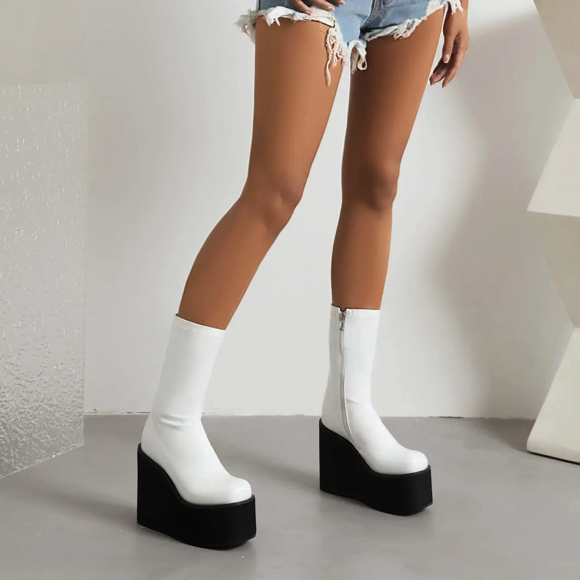 Goth GoGo Boots Mid Calf Platform Boots Patent Wedge Combat Boots Round Toe Side Zipper Punk Motorcycle Boots Rave Ankle Boots Prom Walking Dress Wedding Shoes