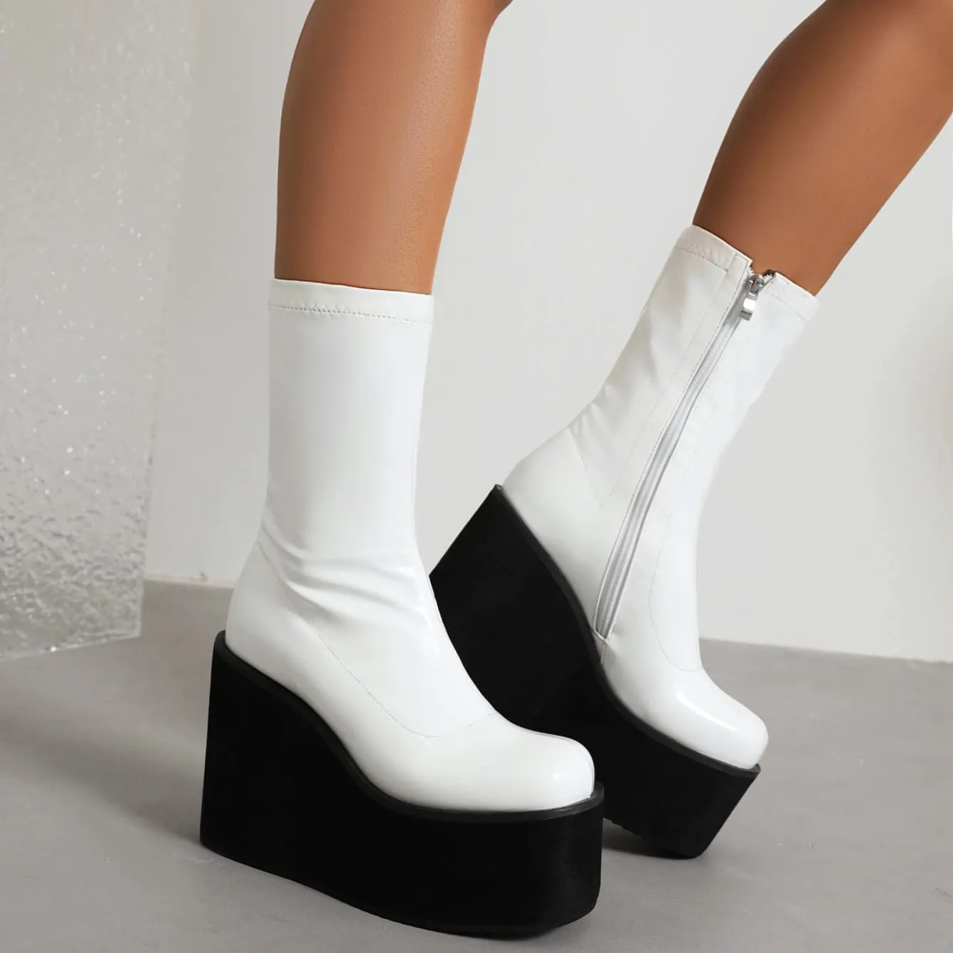 Goth GoGo Boots Mid Calf Platform Boots Patent Wedge Combat Boots Round Toe Side Zipper Punk Motorcycle Boots Rave Ankle Boots Prom Walking Dress Wedding Shoes