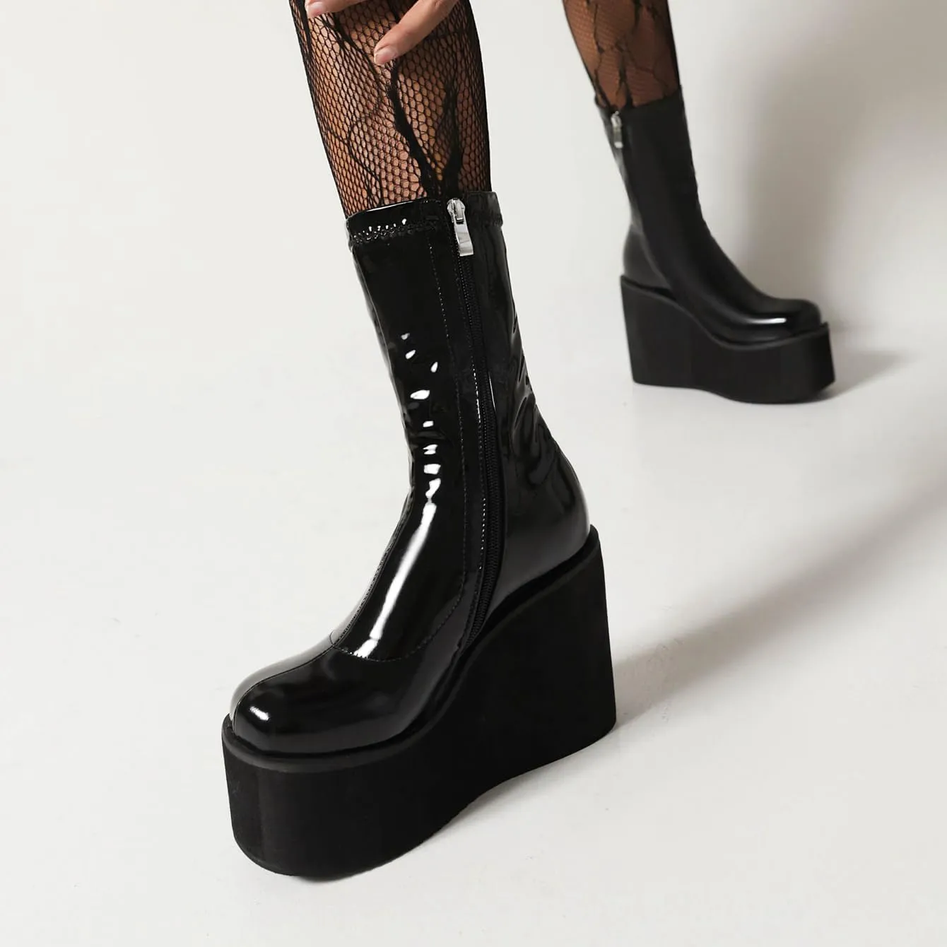 Goth GoGo Boots Mid Calf Platform Boots Patent Wedge Combat Boots Round Toe Side Zipper Punk Motorcycle Boots Rave Ankle Boots Prom Walking Dress Wedding Shoes
